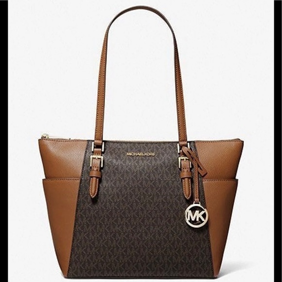 NWT Michael Kors Charlotte Large Top Zip Logo Print Leather Tote In Brown/Gold - Picture 2 of 13